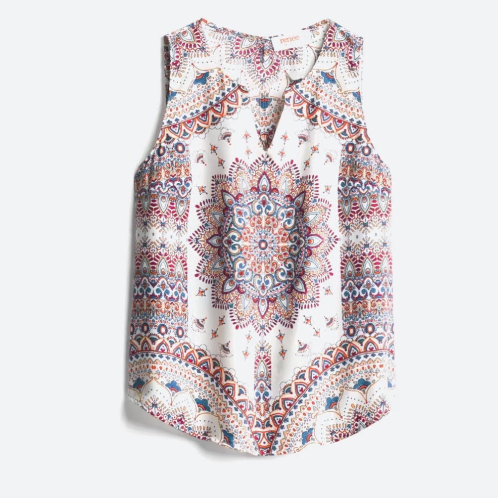 Verse Print Sleeveless V-neck Top Made In USA S